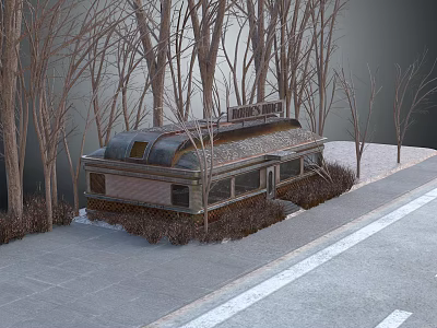 Vintage Diner Building With Dark Roof Sign And Surrounding Bare Trees In Snow 3d model