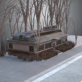 Vintage Diner Building With Dark Roof Sign And Surrounding Bare Trees In Snow
