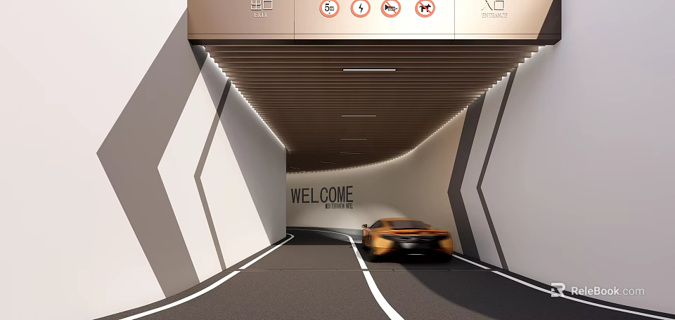 Modern Parking Garage Entrance Featuring Yellow Sports Car Wooden Ceiling Geometric Walls and Welcome Sign 3d model 
