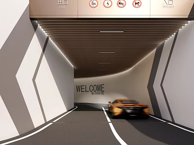 Modern Parking Garage Entrance Featuring Yellow Sports Car Wooden Ceiling Geometric Walls and Welcome Sign 3d model