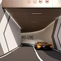 Modern Parking Garage Entrance Featuring Yellow Sports Car Wooden Ceiling Geometric Walls and Welcome Sign