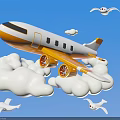 White and Yellow Cartoon Airplane Flying Through White Clouds With Seagulls in Blue Sky