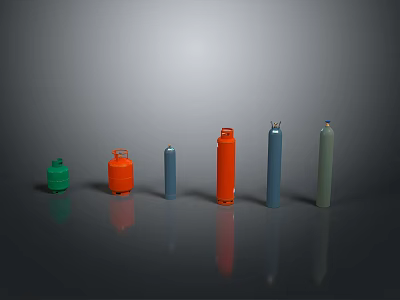 Colored Cylindrical Gas Cylinders In Various Colors Sizes On Dark Reflective Surface 3d model