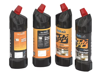 Household Cleaning Products Multi Mix Cleaner Bottles With Red Caps Black Containers And Colorful Labels 3d model
