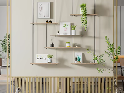 Modern Wooden Room Divider With Wall Mounted Shelves Plants And Decorative Art 3d model