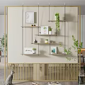 Modern Wooden Room Divider With Wall Mounted Shelves Plants And Decorative Art