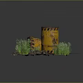 Yellow Radioactive Danger Barrel With Warning Signs On Deserted Ground With Weeds And Stones