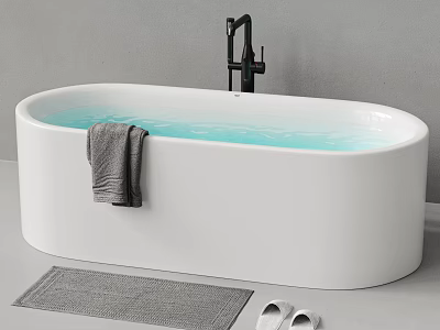 Modern White Freestanding Bathtub With Blue Water Towel And Slippers 3d model