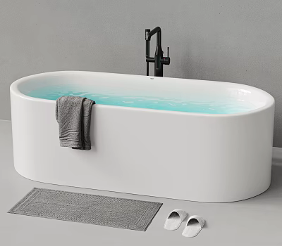 Modern White Freestanding Bathtub With Blue Water Towel And Slippers 3d model