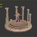 Ancient Architectural Structure with Tall Carved Columns Circular Platform and Illuminated Blue Accents