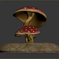 Vibrant Red Mushroom Caps with White Spots and Yellow Stems on Wooden Base