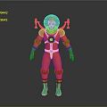Sci Fi Game and Movie Character With Blue Helmet Orange Bodysuit Red Accents Mechanical Arms