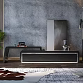 Modern TV Stand with Concrete Wall Floor Lamp Potted Plant and Area Rug