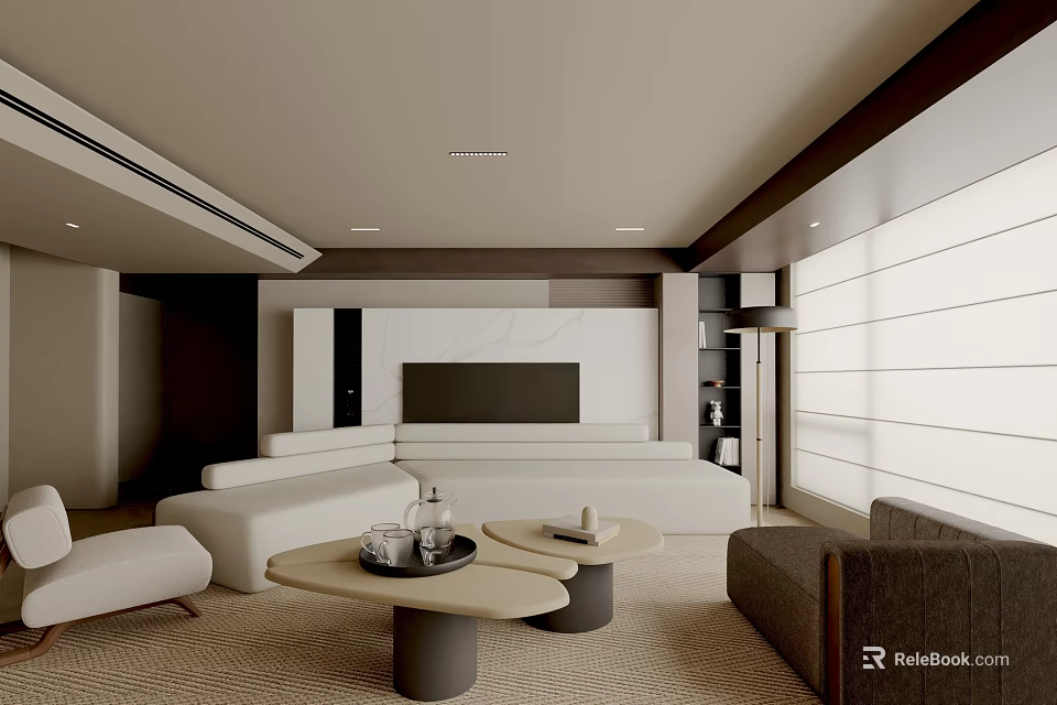 Modern Living Room Interior Design With White Sofa Coffee Tables TV Wall And Floor-to-Ceiling Windows 3d model 
