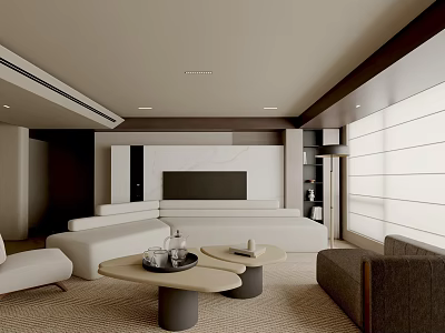 Modern Living Room Interior Design With White Sofa Coffee Tables TV Wall And Floor-to-Ceiling Windows 3d model