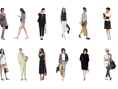 Group of Women in Various Fashionable Outfits With Accessories and Diverse Styles 3d model