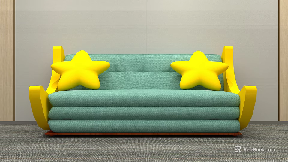 Multi Person Sofa with Light Green Upholstery Yellow Armrests and Star Shaped Pillows 3d model 