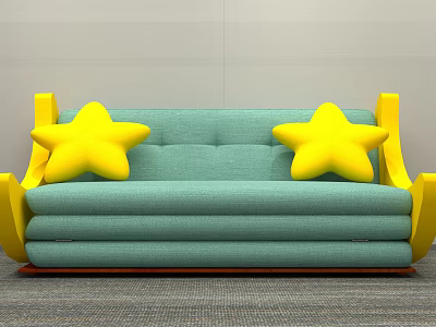 Multi Person Sofa with Light Green Upholstery Yellow Armrests and Star Shaped Pillows 3d model
