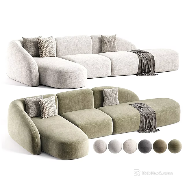 Comfortable Sectional Sofa With Soft Fabric Decorative Pillows Throw Blanket And Round Accent Balls 3d model 