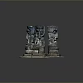 Ancient Humanoid Stone Statues With Carved Faces Standing On Grass Base 3d model