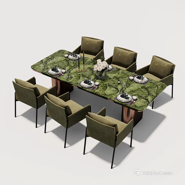 Modern Rectangular Dining Table Set With Green Marble Top Olive Green Chairs And Flower Centerpiece 3d model 