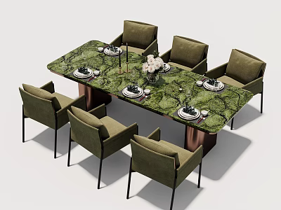 Modern Rectangular Dining Table Set With Green Marble Top Olive Green Chairs And Flower Centerpiece 3d model