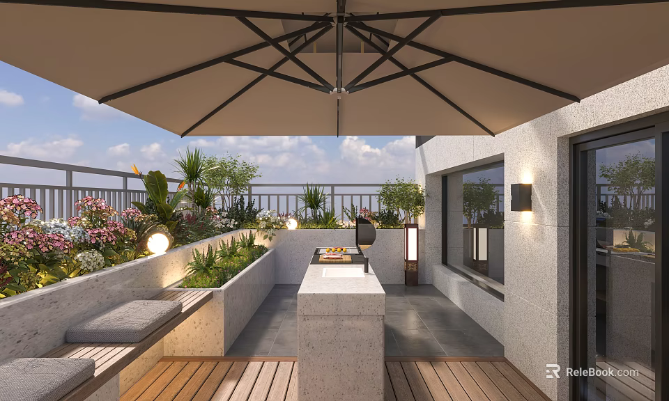 Modern Garden Landscape on Terrace with Umbrella Plants Bench Grill Station and Wooden Flooring 3d model 