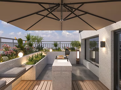 Modern Garden Landscape on Terrace with Umbrella Plants Bench Grill Station and Wooden Flooring 3d model