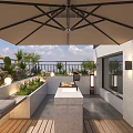 Modern Garden Landscape on Terrace with Umbrella Plants Bench Grill Station and Wooden Flooring