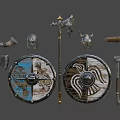 Collection of Viking Weapons Including Handcrafted Axes Wooden Shields Warrior Helmet and Drinking Horn
