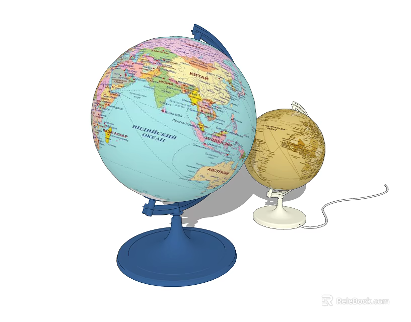 Decorative Ornament Set Featuring Different Sizes Globes Blue Base Golden Stand and Colorful World Map 3d model 