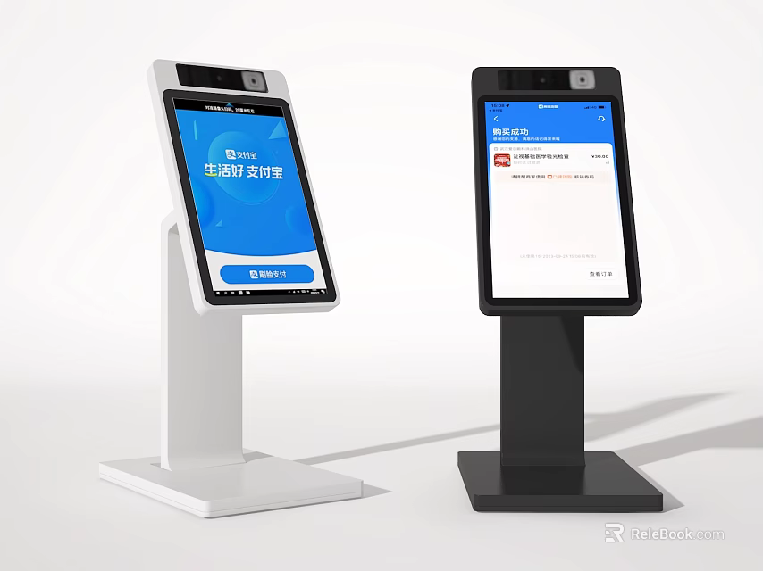 Modern Commercial Self Service Kiosks With White And Black Stands And Touchscreen Interface 3d model 