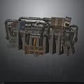 Industrial Mechanical Structure With Metal Pipes Wooden Crate And Stone Walls