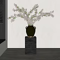 Pink Blossom Branches In Dark Brown Two Handle Vase On Black Pedestal With Window Shadows