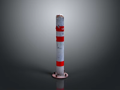 Red and White Striped Traffic Bollard With Worn Surface Base at Bottom Gray Background 3d model