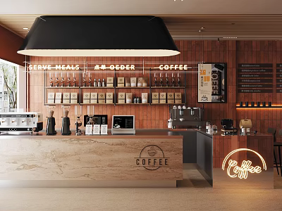 Modern Coffee Shop Interior With Wooden Counter Coffee Machine And Neon Sign 3d model
