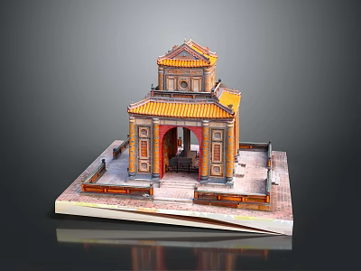 Traditional Chinese Architecture Model Featuring Yellow Tiled Roof And Archway Entrance 3d model