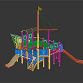 Ship Shaped Playground Equipment with Blue Brown Structure Slides Stairs and Yellow Flag on Top
