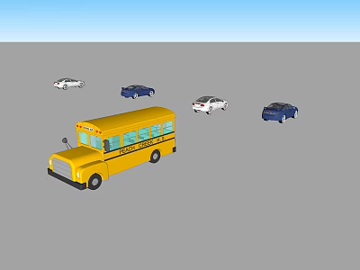 Yellow School Bus With White And Blue Cars In Gray Background 3d model