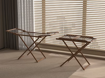 Wooden Foldable Clothes Drying Racks Indoor By Window With Blinds And Carpet 3d model