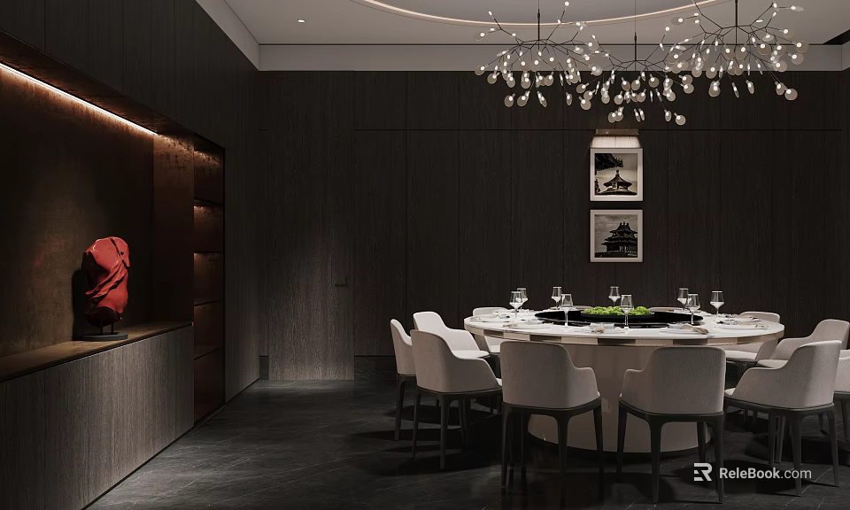 Elegant Modern Private Dining Room Interior With Round Dining Table White Chairs Chandelier And Paintings 3d model 