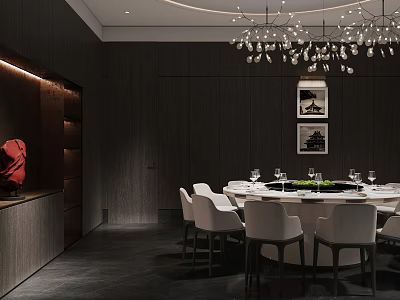 Elegant Modern Private Dining Room Interior With Round Dining Table White Chairs Chandelier And Paintings 3d model