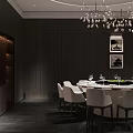 Elegant Modern Private Dining Room Interior With Round Dining Table White Chairs Chandelier And Paintings