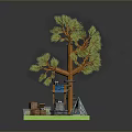 Miniature Camping Scene With Pine Tree Blue Tent Stone Steps And Black Cat