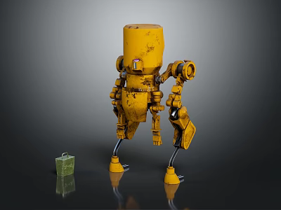 Mechanical Yellow Robot Sculpture With Green Small Box And Metal Legs 3d model