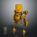 Mechanical Yellow Robot Sculpture With Green Small Box And Metal Legs