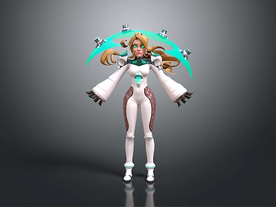 Futuristic Blonde Haired Character With Green White Outfit And Creature Inspired Floating Rings 3d model
