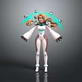 Futuristic Blonde Haired Character With Green White Outfit And Creature Inspired Floating Rings