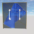 Blue Glass Double Doors With Golden Frame White Handles And Geometric Pattern Design