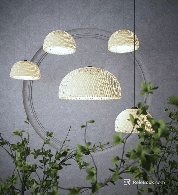 Modern Woven Pendant Lights Hanging Over Gray Wall With Circular Decor And Green Plants 3d model 